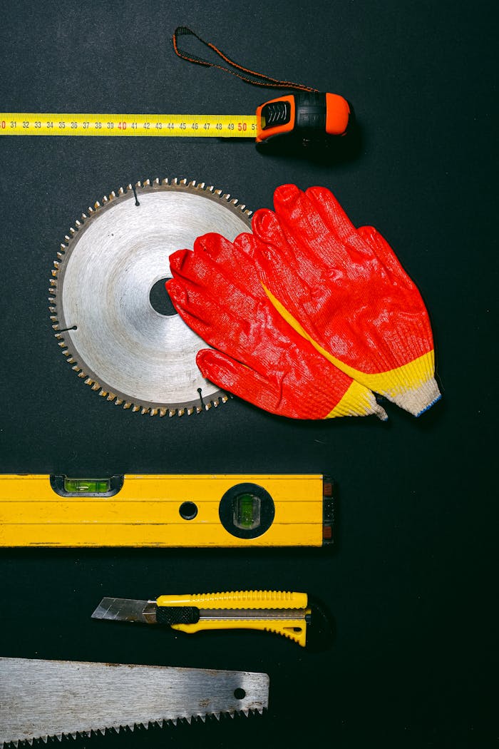 services-03 A collection of construction tools and safety gloves laid on a flat surface, ideal for construction themes.